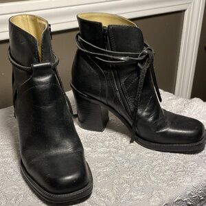 Mia Black Leather Ankle Boots with Leather Tie Detail & 3 In" Heel